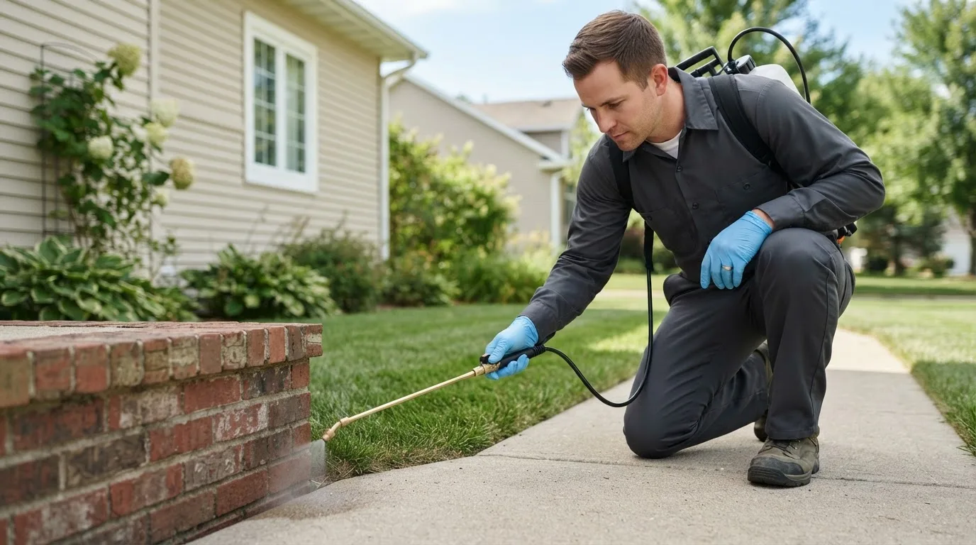 Pest control technician treating a home near Evington, VA