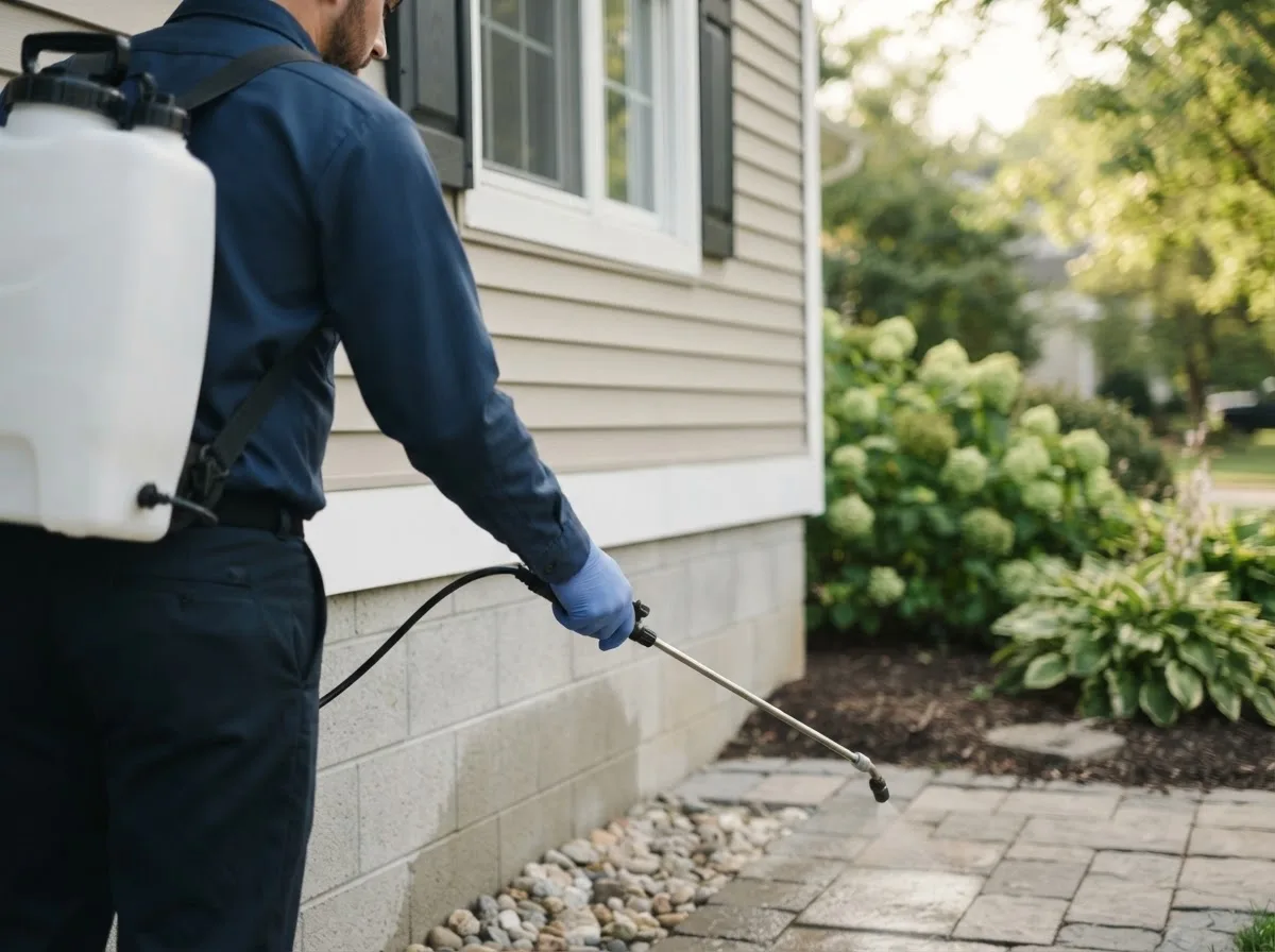 Pest control technician inspecting a home in Evington, VA